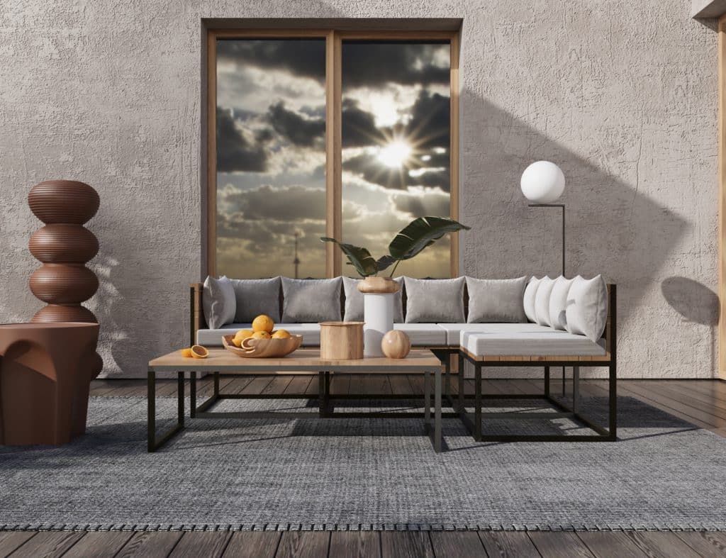 اثاث خارجي مودرن بهيكل من الحديد والخشب الطبيعي وتنجيد ووتر برووف