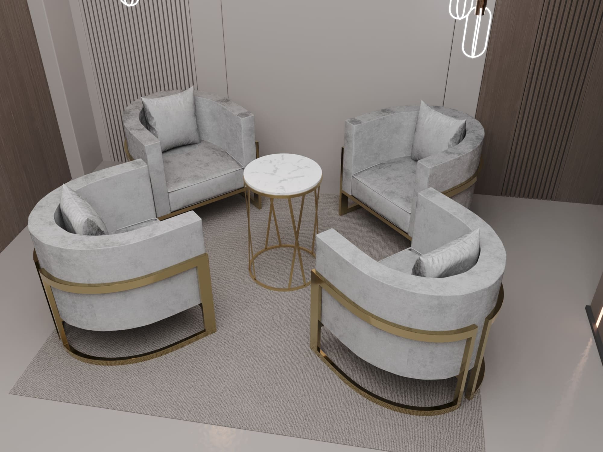 اثاث حدائق مودرن مكون من 4 كراسي معدن وتنجيد قطيفة باللون الرمادي