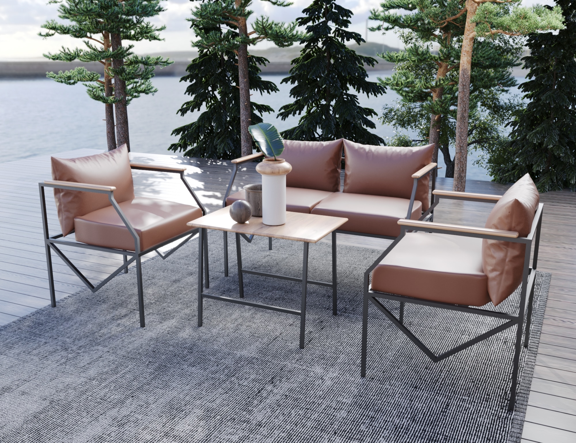 طقم اثاث خارجي تيراس طقم حدائق مودرن مكون من 5 قطع بهيكل من المعدن وتنجيد كتان